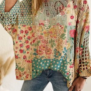 Off the Shoulder Floral Batwing Crochet Sweater | Women’s Sz Small | Spring Top